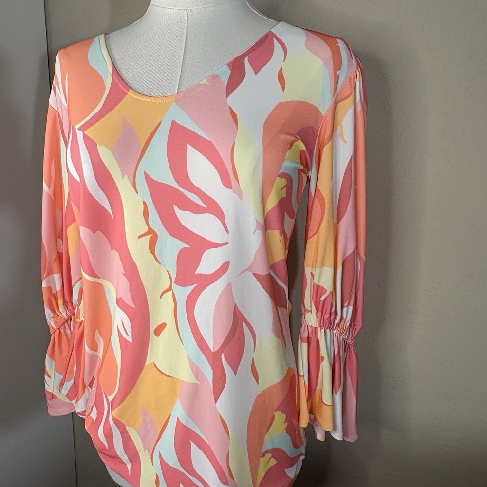 NWT Julian Chang Women Sz S Neon Sherbet Cinch Sleeve Abstract Print Blouse Top - Picture 2 of 10